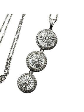 Outrageous 14K White Gold Triple Baguette Round Diamond Cluster Pendant Necklace